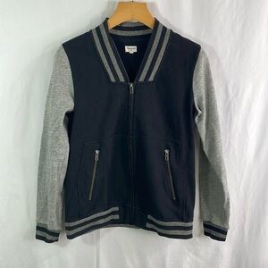 Madewell, black and gray varsity style sweatshirt zip up jacket